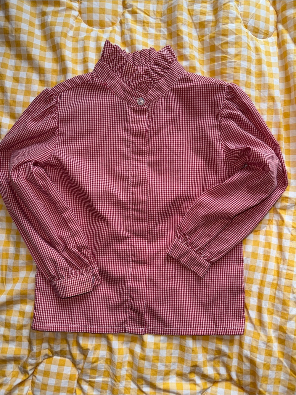 Girls' Red Gingham Ruffle-Neck Blouse